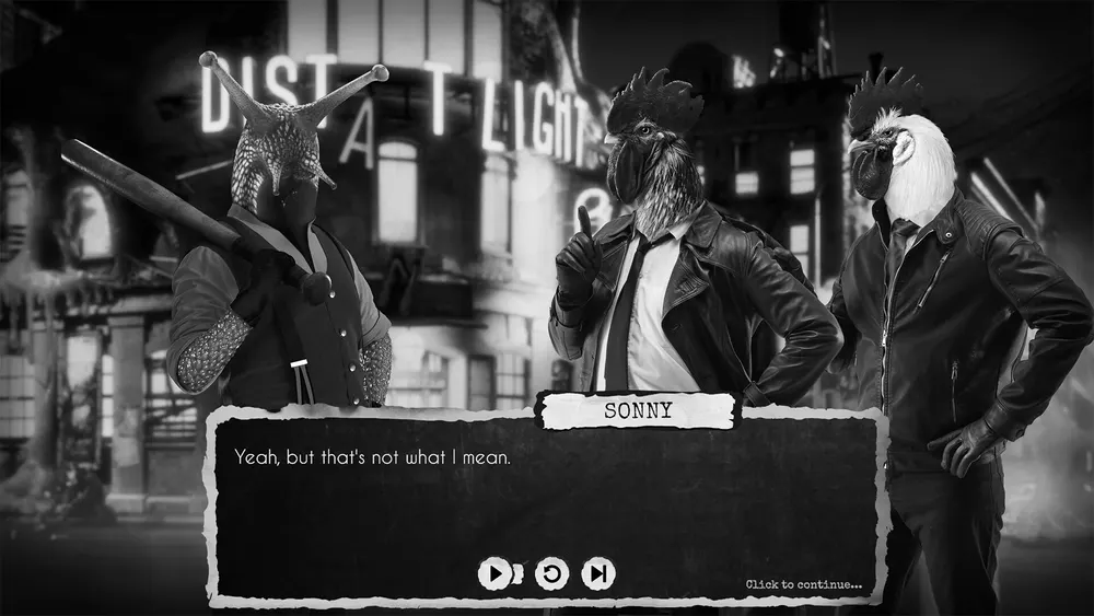 Sonny, Marty e un personaggio armato in una scena di Chicken Police: Into the HIVE!