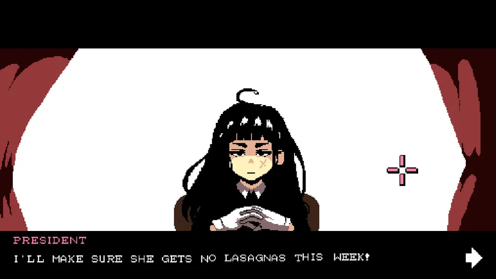 Scena di dialogo in pixel art di SUPER CHICKEN JUMPER con il personaggio del presidente